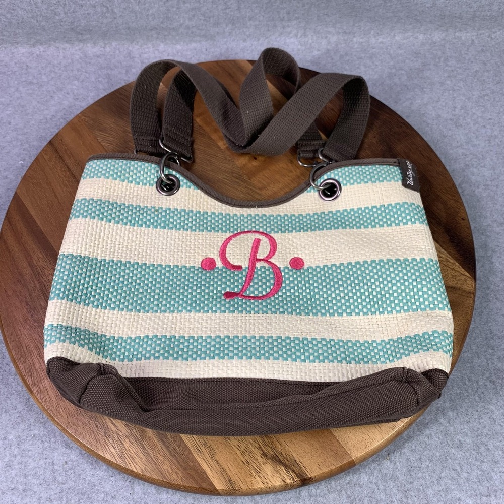 Thirty-One Paper Tote‎ Bag Womens Teal White Striped Brown Monogram B Shoulder